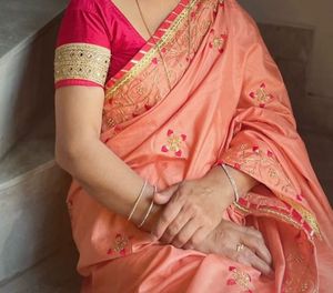 Peach &amp; Red Embroidered Fabric Saree