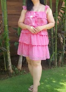 Chic Pink Ruffled Polka Dot Dress