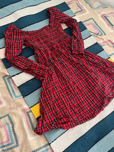 Red Plaid Smocked Square Neck Dress