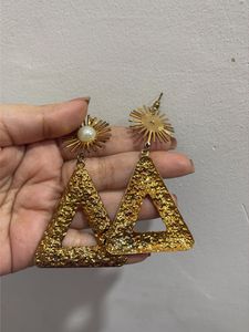Gold Tone Triangle Drop Earrings with Pearl