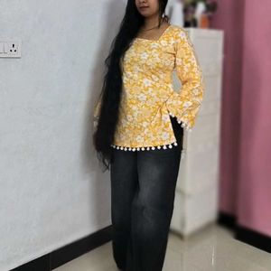 Yellow Floral Kurta with Pom Po