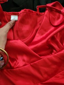 Stunning Red Satin Mini Dress- Deep Neck