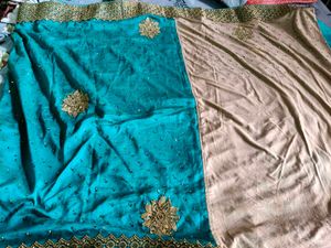 Teal Saree with Gold Border,bridal heavy sare