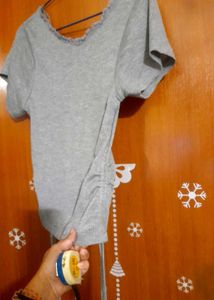 Grey Rib Wide Neck T-Shirt