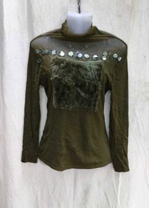 Unique Green Tunic Top with Fur Pocket