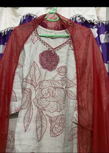 red Elegant Embroidered Kurta with Dupatta