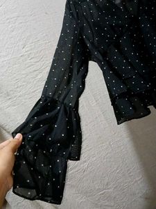 Black Polka Dot Ruffle Sleeve Top