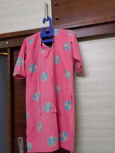 Pink Cotton Kurta with Blue Print