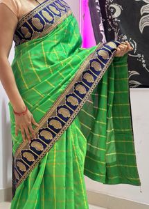 Vibrant Green Checked Saree with Paisley Border