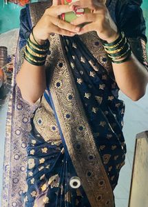 Elegant Blue Saree with Gold Brocade