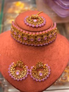 Stunning Pink & Gold Choker Necklace Set