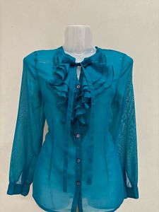 Teal Ruffle Neck Sheer Blouse