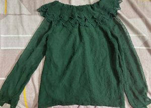 Dark Green Swiss Dot Sheer Ruffle Blouse