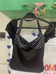 Chic Black & White Polka Dot Halter Top
