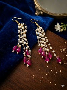 Elegant Pearl & Magenta Dangle Earrings