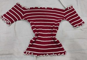 Maroon Striped Off-Shoulder crop Top