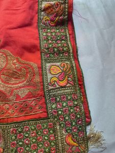 Elegant Coral Embroidered Silk Saree
