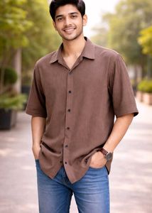 Men's Brown Short-Sleeve Casual Shirt