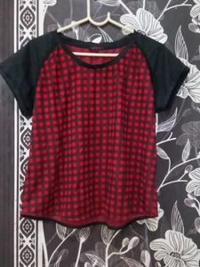 Red Checkered T-Shirt with Black Sleeves