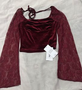 Velvet Lace Sleeve Crop Top