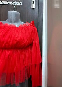 Red Tulle Off-Shoulder Top