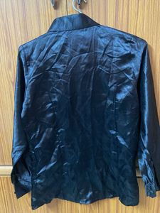 Shiny Black Button-Up Blouse