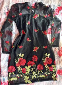 negotiable/Black Mesh Rose Embroidered Dress