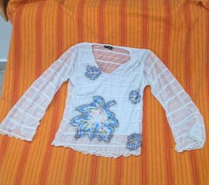 Vintage White Sheer Floral Bell Sleeve Blouse