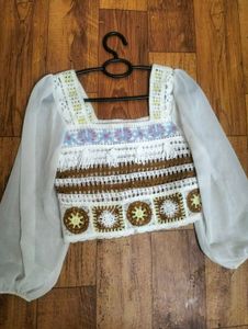 Boho😍 Crochet Crop Top with Sheer Sleeves