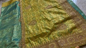Teal &amp; Gold Embroidered Silk Saree