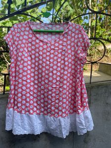 Coral Polka Dot Top with Lace Hem and knee pant tw