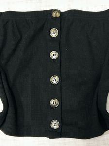 Black Off-Shoulder Button-Up Top