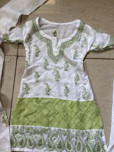 White &amp; Green Embroidered Kurta Set with Dupatta