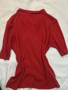 Red Ribbed Knit Polo Top