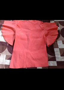 Coral Bow Detail Flutter Sleeve Top