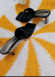 Chic Black Glitter Heel Mules