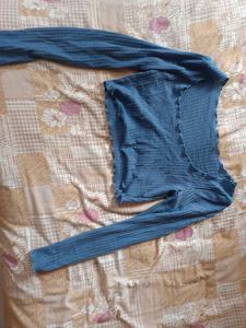 Trendy Blue Ribbed Square Neck Top