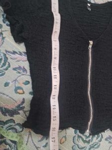 Black Textured Cropped Zip Top