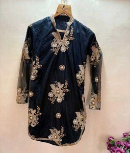 Embellished Black Kurta set with Net Sleeves