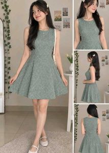 Sage Green Diamond Pattern Flared Dress