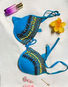 Beaded Blue Bikini Top