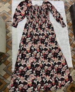 Women's Black Floral Smocked Fit & Flare Maxi Dres