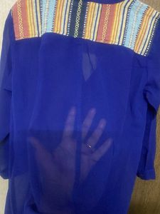 Blue Sheer Button-Up Top with Patterned Yoke