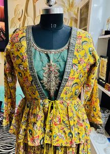 olive green Floral Peplum Lehenga Choli Set