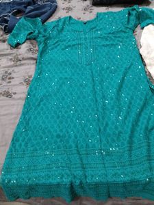 Teal &amp; White Embroidered Kurta Set