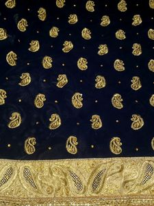 Elegant Navy &amp; Gold Embroidered Saree - Discount