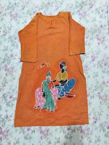 Orange Cotton Kurta with Batik Print