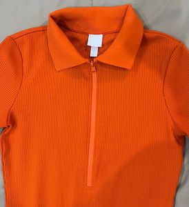 Bright Orange Ribbed Zip Polo Dress