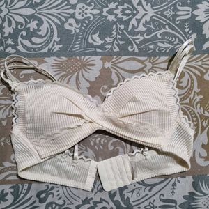 Cream Ribbed Lace Trim Push up Bralette