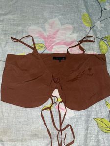 Brown Tie-Front Crop Top
